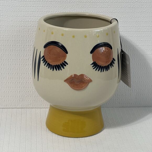 Bulgy Eye Face Ceramic Pedestal Planter Flower Pot Multi Tall Handcrafted - Picture 3 of 16